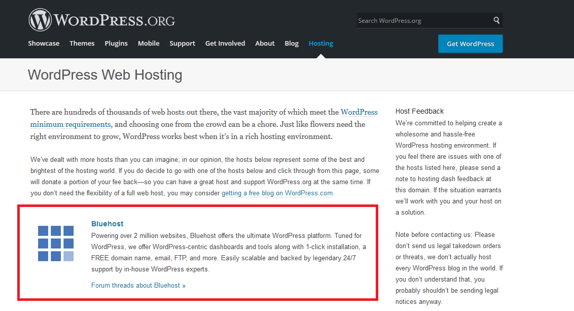 wordpress recommeds bluehost